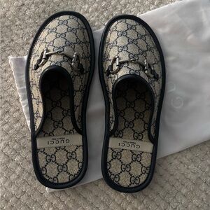 Gucci Beige and Black Monogram Loafers